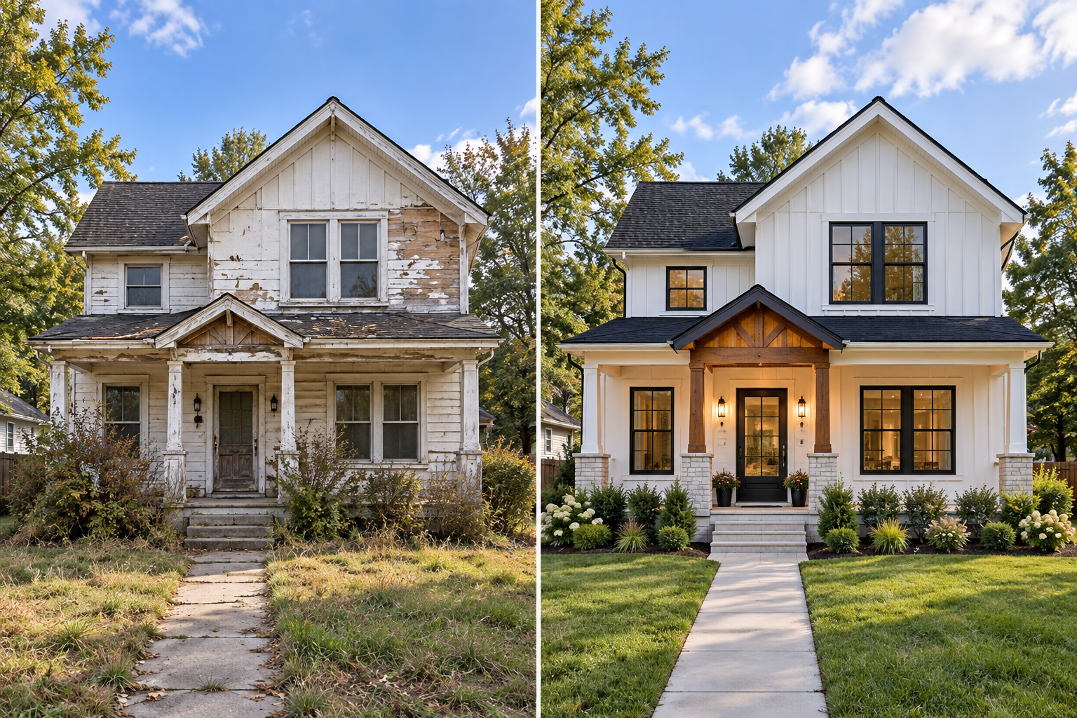 Illustrative before-and-after renovation of a house