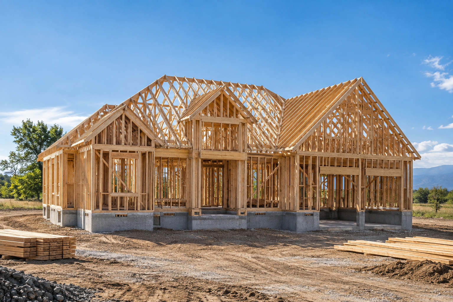 Illustrative home under construction with exposed wood framing